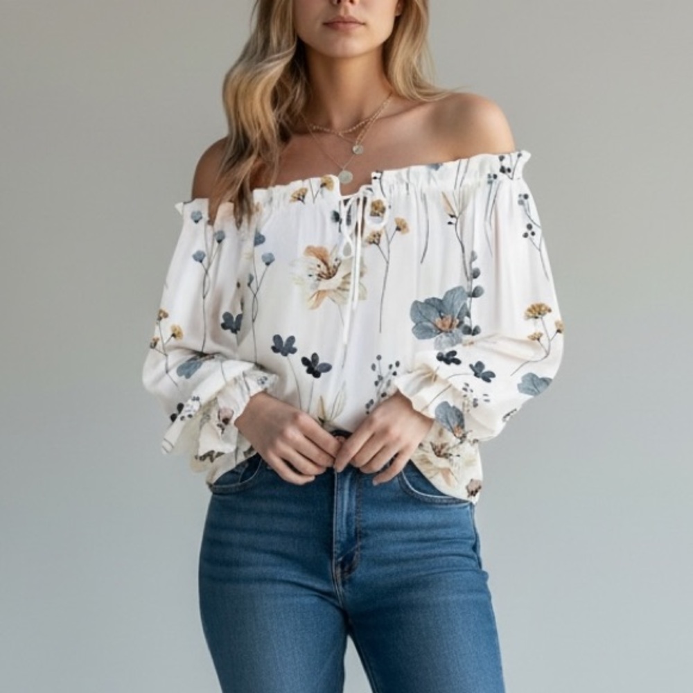 NEW•XL•Creme De La Creme Elegant Floral Off-Shoulder White Blouse - Picture 2 of 4